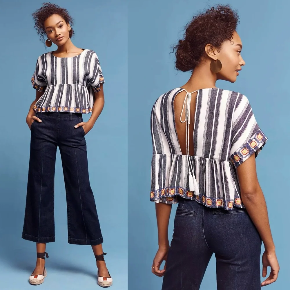 MAEVE Linen Navy Stripe Embroidered Short Sleeve Empire Waist Boho Chic Top L - Picture 1 of 8